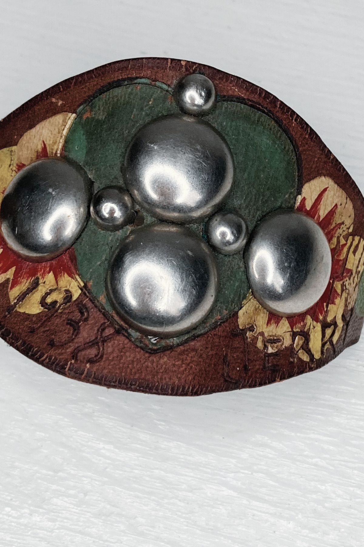 Vintage Leather Cuff Bracelet - Marked "1938 Jerry"