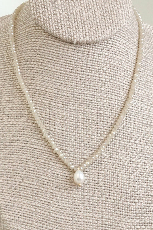16" Glass Bead Necklace with Freshwater Pearl Pendant - Beige