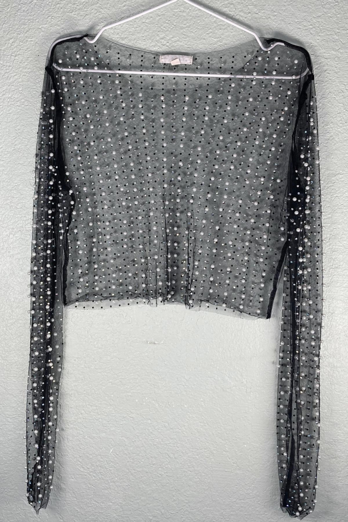 Thrifted Sheer Pearl & Rhinestone Cropped Top - Size Large