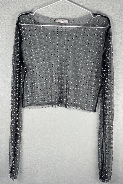Thrifted Sheer Pearl & Rhinestone Cropped Top - Size Large