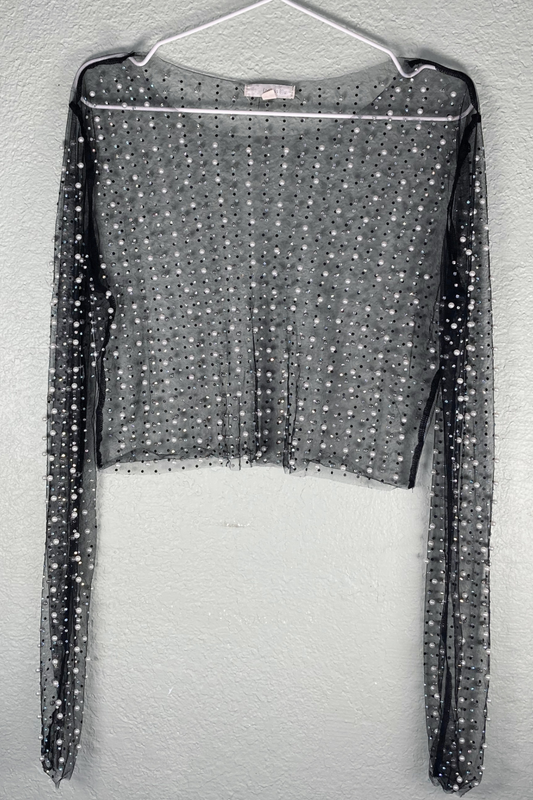 Thrifted Sheer Pearl & Rhinestone Cropped Top - Size Large
