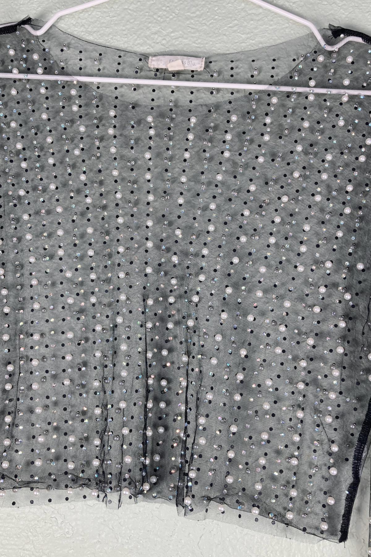 Thrifted Sheer Pearl & Rhinestone Cropped Top - Size Large