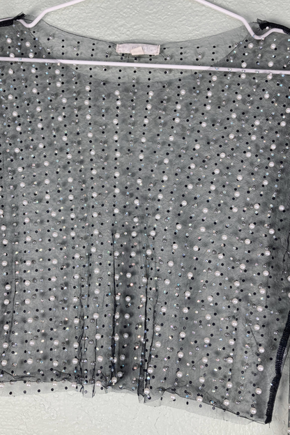 Thrifted Sheer Pearl & Rhinestone Cropped Top - Size Large