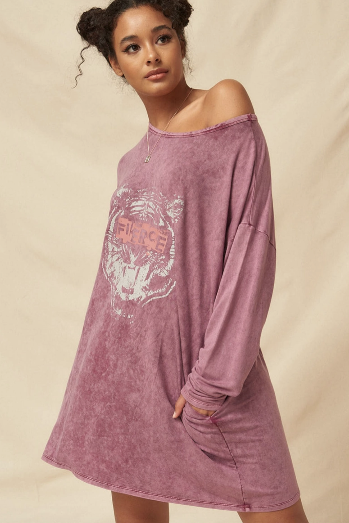 Fierce Tiger Long-Sleeve Graphic T-Shirt Mini Dress