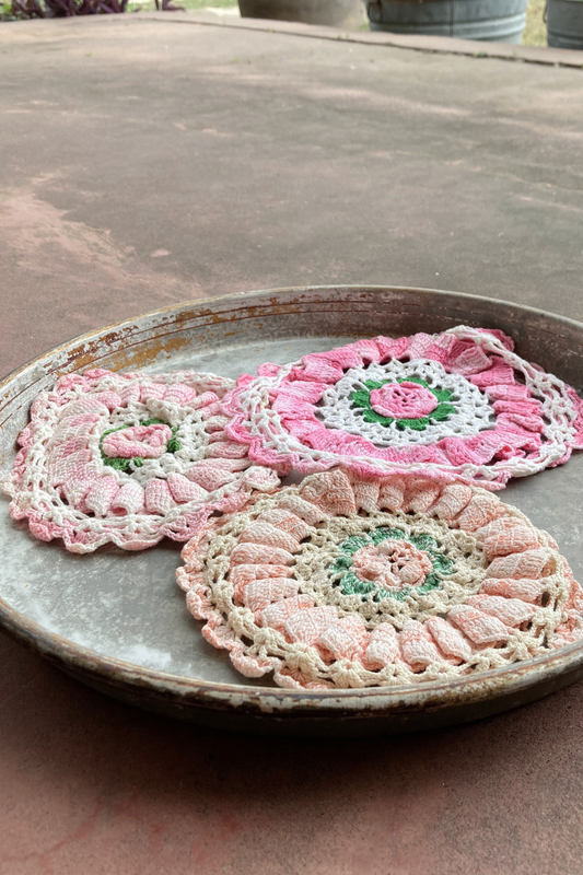 Vintage Crocheted Pink Doilies - Set of 3