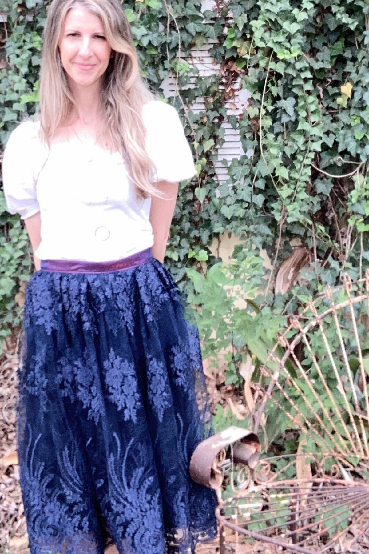 Navy Blue Floral Lace Midi Skirt
