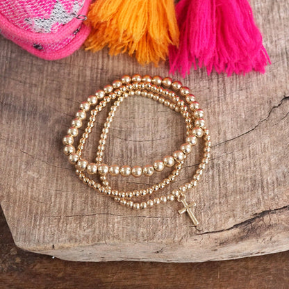 Minimal Cross Charm Stretchy Bracelet Set in Worn Gold Tone with Ball Beads
