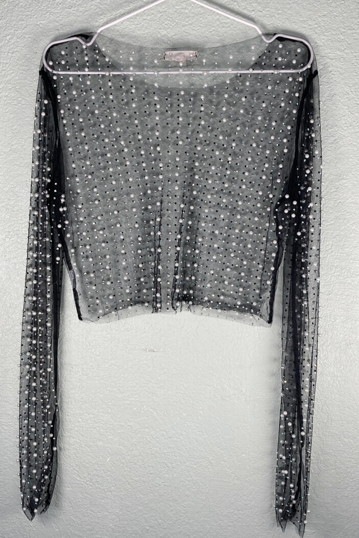 Thrifted Sheer Pearl & Rhinestone Cropped Top - Size Large