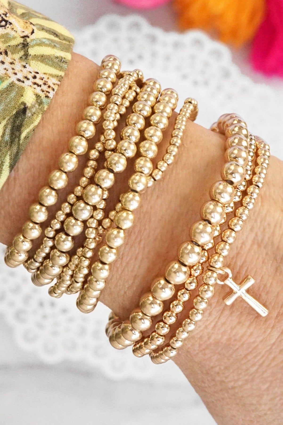 Minimal Cross Charm Stretchy Bracelet Set in Worn Gold Tone with Ball Beads