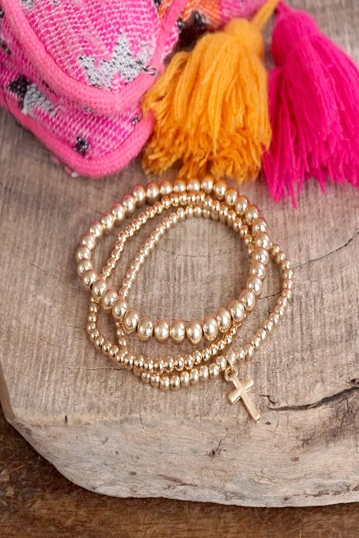 Minimal Cross Charm Stretchy Bracelet Set in Worn Gold Tone with Ball Beads