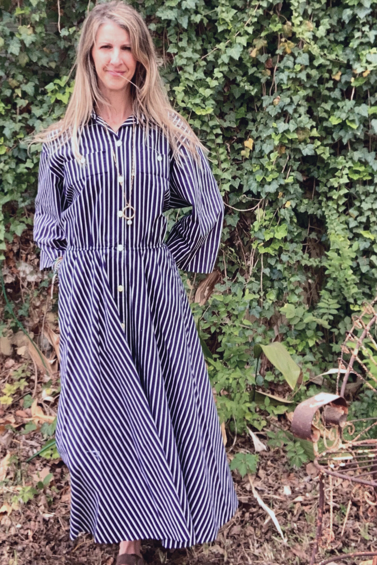 Vintage Herman Marcus Navy Striped Cotton Dress - Size 13/14