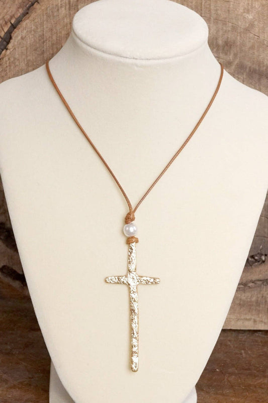 Primitive Gold Cross & Pearl Necklace with Brown Rope