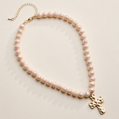 Glass Bead Hammered Cross Necklace - 2 Colors