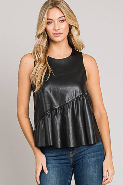 Sleeveless Asymmetric Ruffle Hem Vegan Leather Top