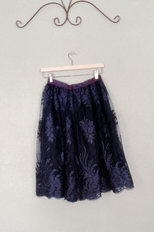Navy Blue Floral Lace Midi Skirt