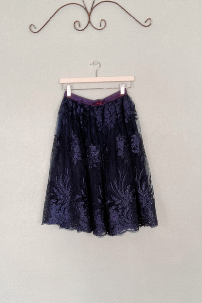 Navy Blue Floral Lace Midi Skirt