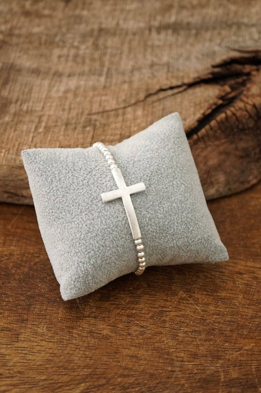 Minimal Cross Stretchy Bracelet in Worn Silver Tone with Ball Beads