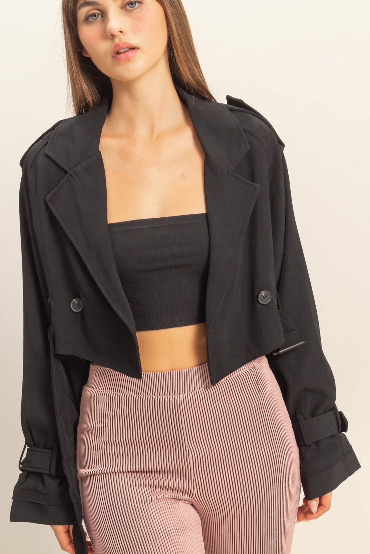 Cropped Trench Coat w/ Distressed Hem