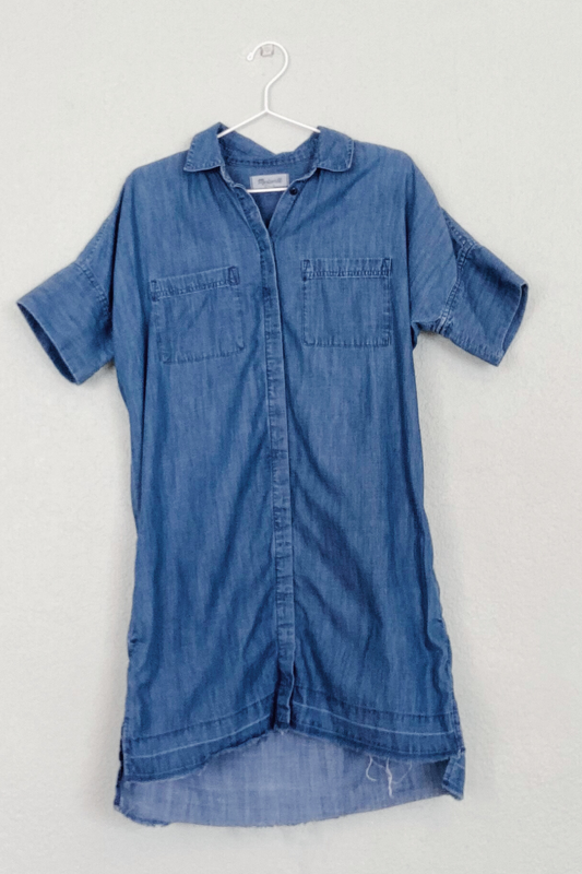 Thrifted Madewell Denim Shirt Dress with Pockets & Worn Hem - Size Small