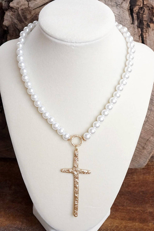 Primitive Gold Cross Necklace with Pearl Beads