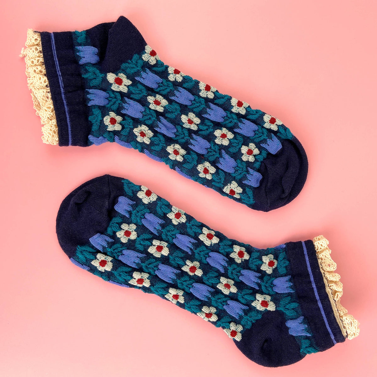 Blue Retro Floral & Lace Ankle Socks