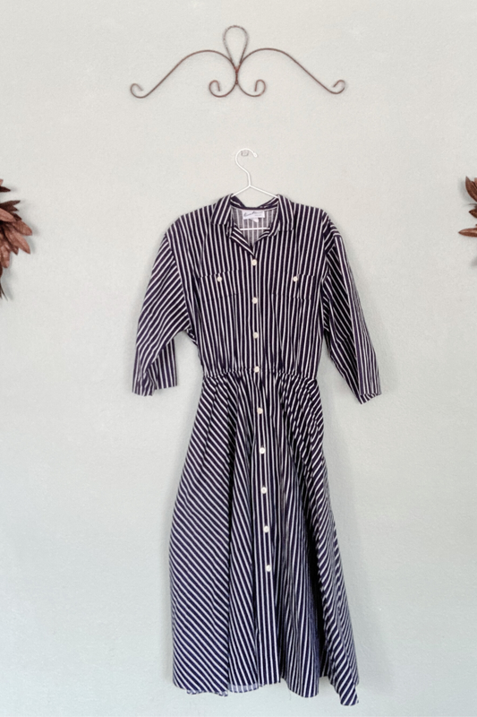 Vintage Herman Marcus Navy Striped Cotton Dress - Size 13/14
