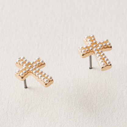 Mini Cross Pearl Earrings