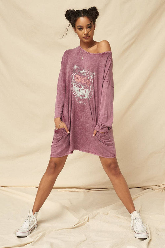 Fierce Tiger Long-Sleeve Graphic T-Shirt Mini Dress