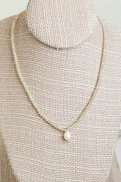 16" Glass Bead Necklace with Freshwater Pearl Pendant - Beige
