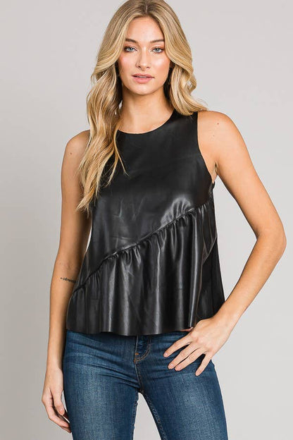 Sleeveless Asymmetric Ruffle Hem Vegan Leather Top