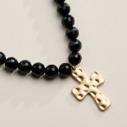Glass Bead Hammered Cross Necklace - 2 Colors