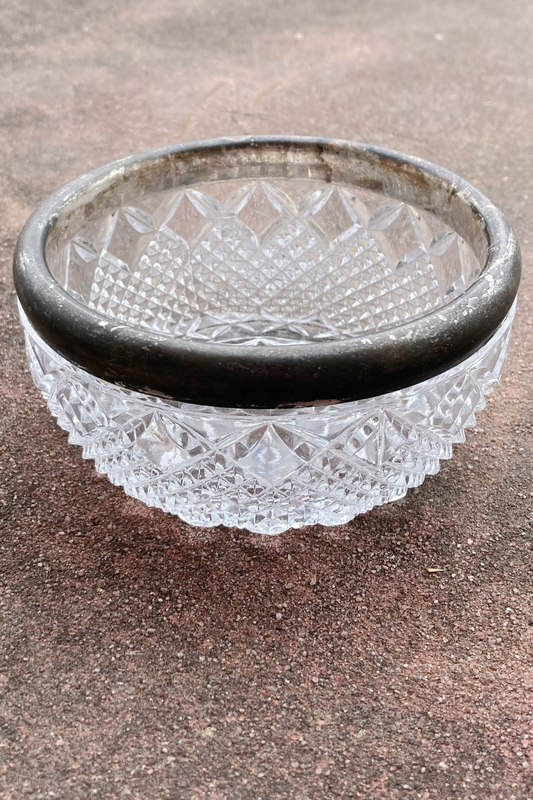 Vintage Heavy Cut Glass Bowl with Tarnished Silver Metal Rim