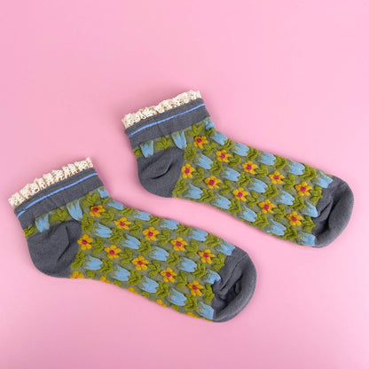 Green Retro Floral Lace Ankle Socks.