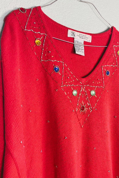 Vintage Studio Collection Woman Jeweled Red Sweater - Size 2X