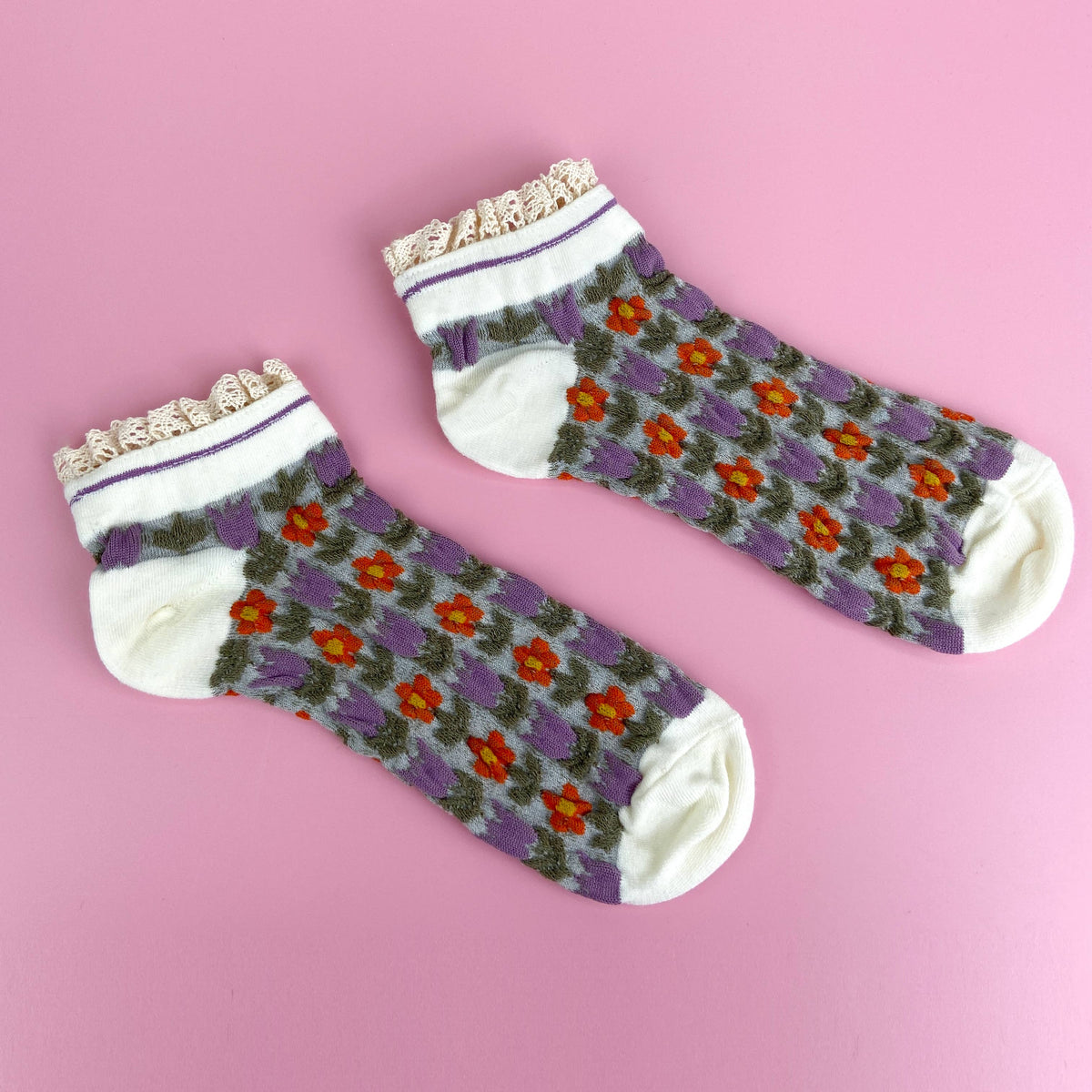 Purple Retro Floral & Lace Ankle Socks