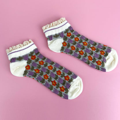 Purple Retro Floral & Lace Ankle Socks