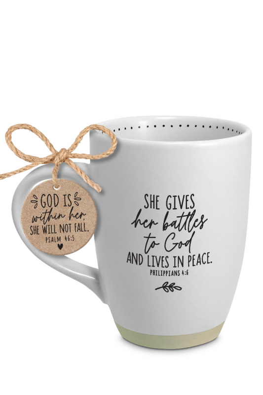 She Gives Her Battles To God Coffee Mug- 17Oz