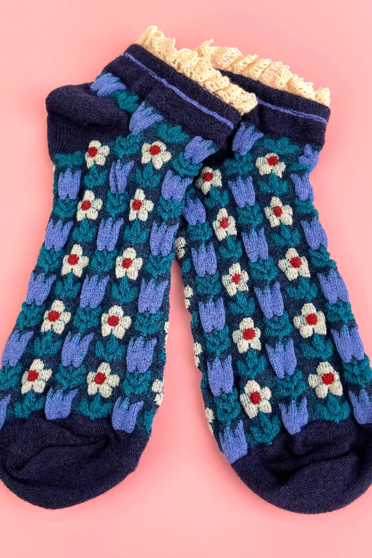 Blue Retro Floral & Lace Ankle Socks