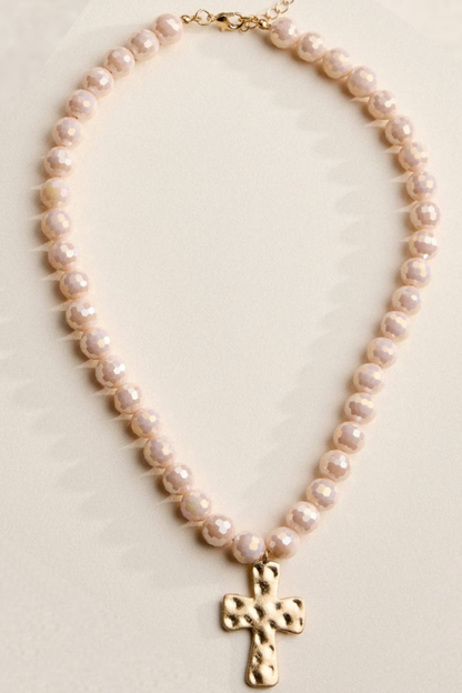 Glass Bead Hammered Cross Necklace - 2 Colors