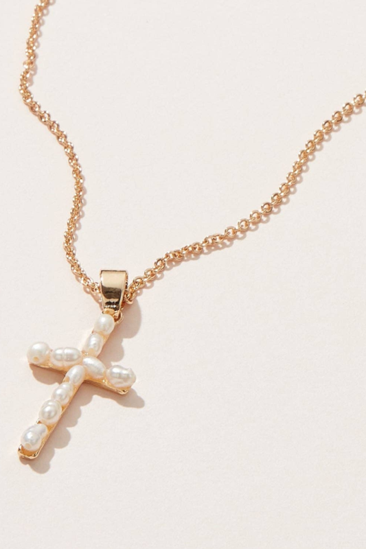 Gold Pearl Cross Necklace