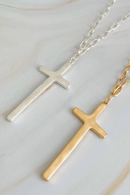 Hammered Cross Long Chain Necklace