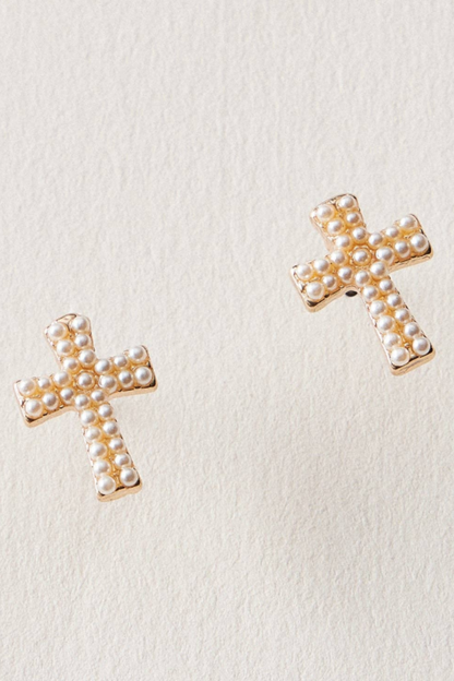 Mini Cross Pearl Earrings