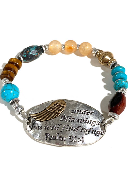 Psalm 91:4 Winged Prayer Beads Stretch Bracelet