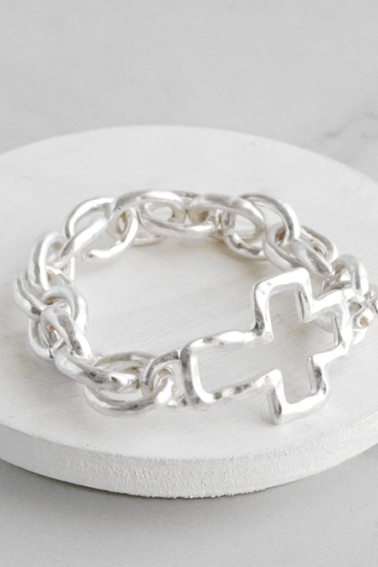 Chunky Chain Cross Stretch Worn Silver Bracelet
