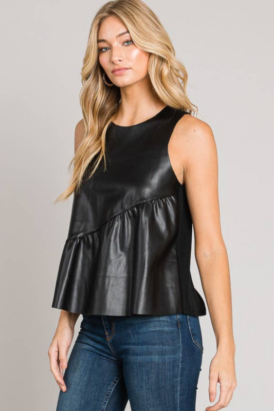 Sleeveless Asymmetric Ruffle Hem Vegan Leather Top