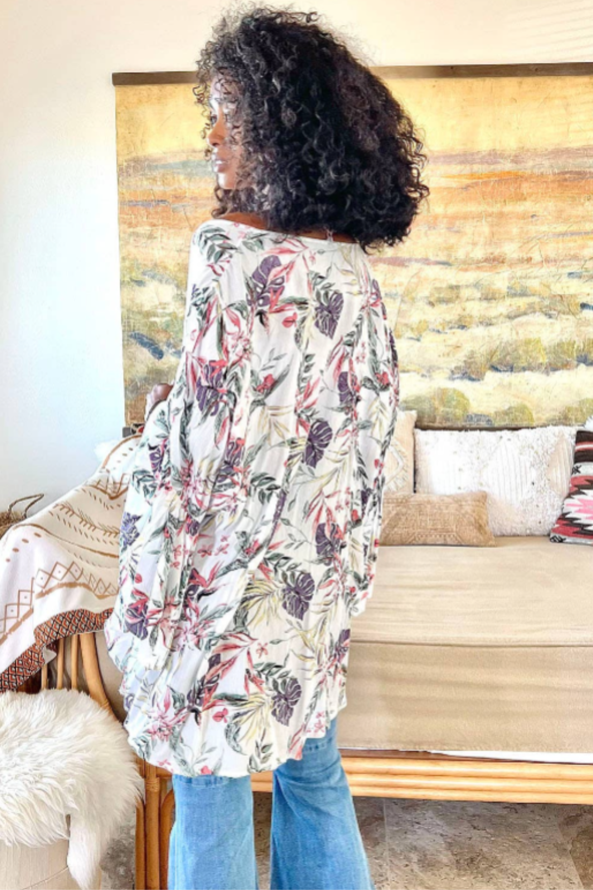 Tropical Leaves Draped Sleeve Kimono