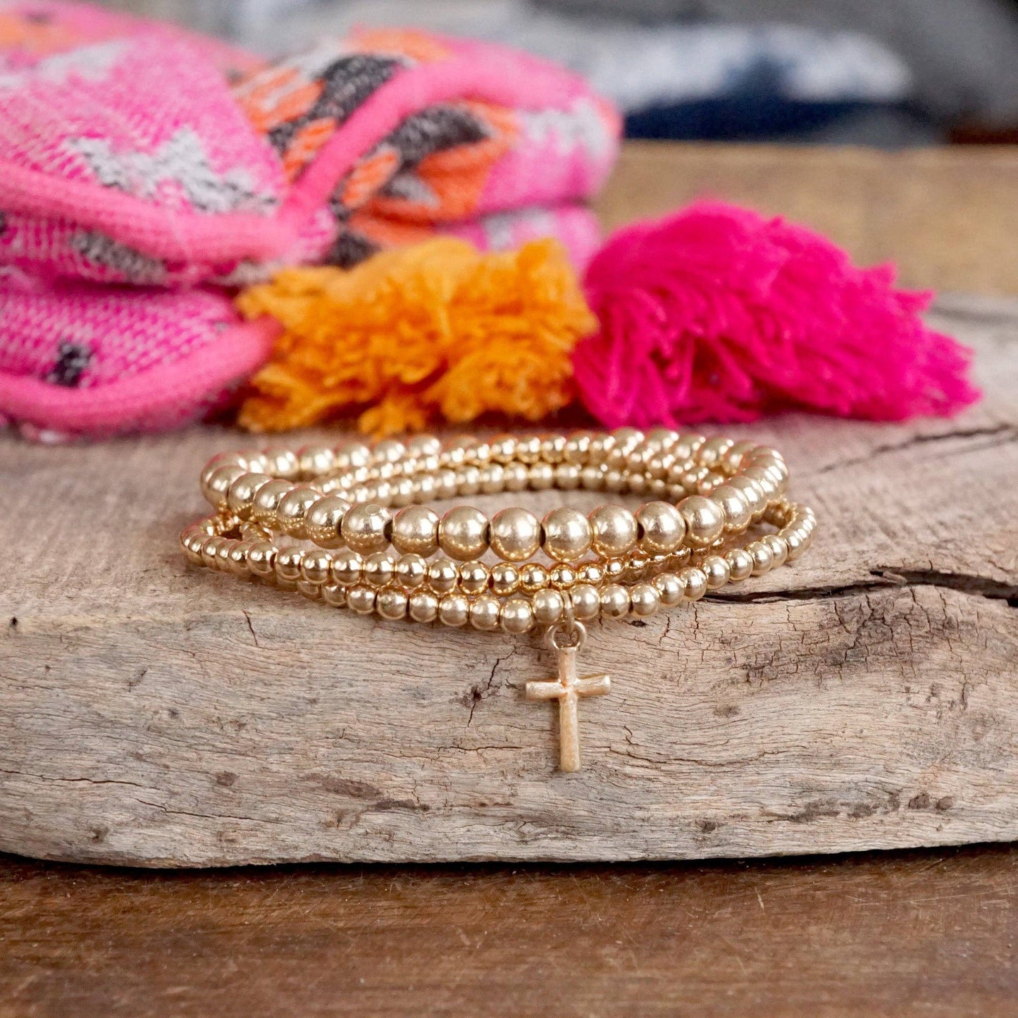 Minimal Cross Charm Stretchy Bracelet Set in Worn Gold Tone with Ball Beads