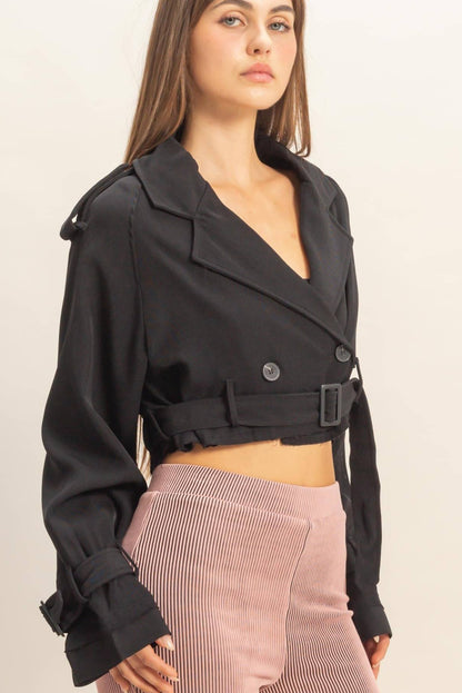 Cropped Trench Coat w/ Distressed Hem