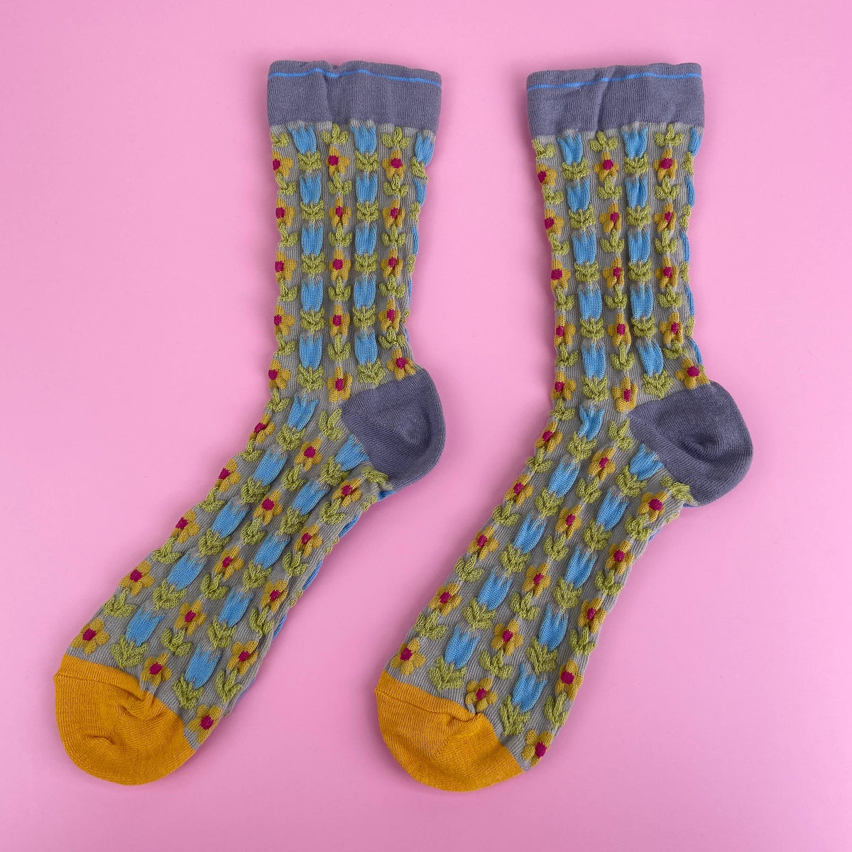 Gray Embossed Floret Long Socks