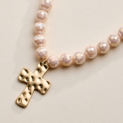 Glass Bead Hammered Cross Necklace - 2 Colors